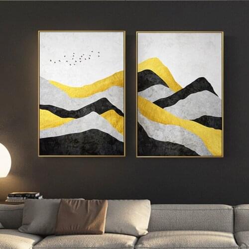 Nordic Abstract Geometric Mountain Landscape Wall Art Canvas Painting Golden Art Poster Print Wall Picture for Living Room