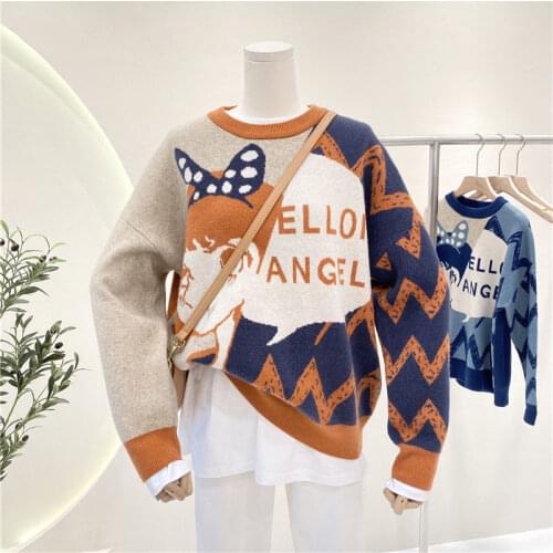 Korobov 2021 New Cute Autumn Sweaters Korean O Neck Long Sleeve Oversize Sueter Mujer Japanese Kawaii Cartoon Knitted Sweater