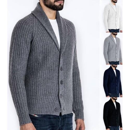 2021 autumn and winter new European and American mens knitted sweater suit collar solid color long-sleeved cardigan