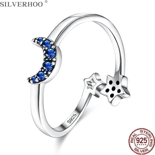 SILVERHOO S925 Sterling Silver Rings Crescent Shaped Ring For Women Blue CZ Star Adjustable Fine Jewelry Birthday Gift Wholesale