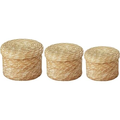 3 Pcs/Set Handmade Straw Woven Storage Basket With Lid Snack Organizer Storage Box Laundry Baskets Rattan Storage Flower Basket