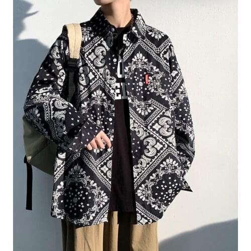 Loose Mens Shirts Spring Autumn Printed Cashew Flowers Casual Shirt Thin Long-sleeved Tops Folk-custom Oversize Male Clothes