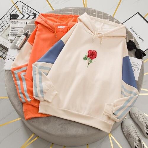 Rose Printed Hoodies Oversized Women Sweatshirt Harajuku Long Sleeve Vintage Autumn Winter Pullover Plus Velvet Kpop Sweatshirt