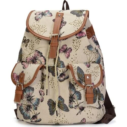 Retro Butterfly Print Outdoor Backpack Women Fashion PU Leather And Canvas Backpack For Ladies