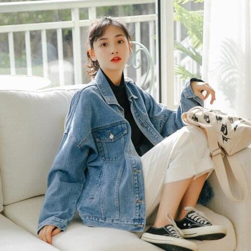 2021 Women Casual Blue Denim Jacket Loose Coats Female Outwear Vintage Jacket Long Sleeve Turn-down Collar Top