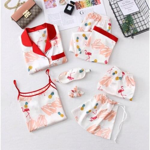 Women pajamas Silk Satin Printing Pajamas Set Lace Night Sleepwear 7 PC Suit Elegant Large Size Home Clothing pijama