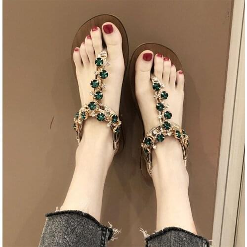 Women Sandals Bohemia Style Summer Shoes For Women Flat Sandals Beach Shoes 2019 Flowers Flip Flops Crystal Chaussures Femme