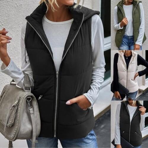 Plus size Women Vest Winter Jacket Zip Pocket Sleeveless Drawstring Stand Collar Slim Waistcoat Female Casual Thick Outwear 2020
