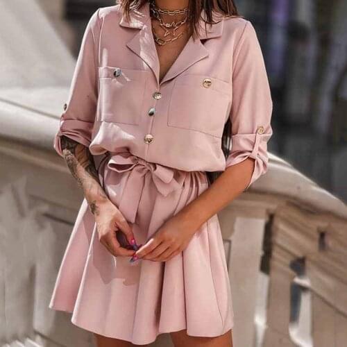 Fashion Turn-down Collar Mini Dress For Women Spring Button Pocket Wrist Sleeve Black White Belt Casual Office Ladies Dresses