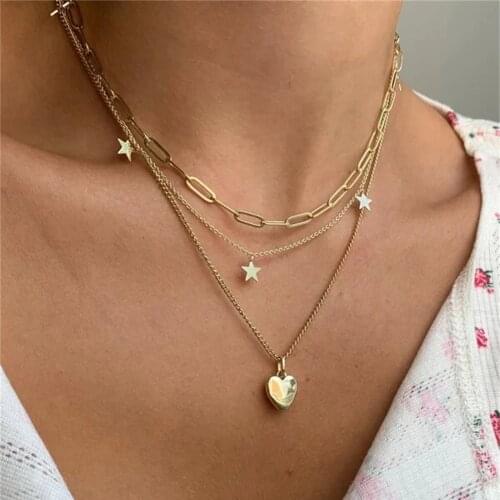 LXY-W Vintage Fashion Multilevel Gold Punk Thick Chain Five-pointed Star Heart Pendant Necklace For Women Boho Choker Jewelry