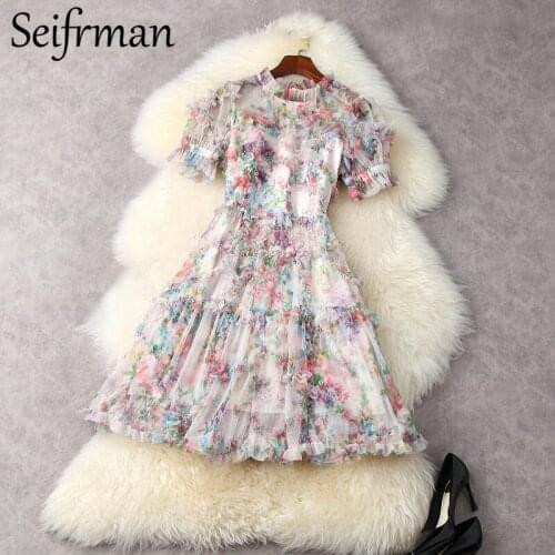 Seifrmann New 2021 Summer Women Fashion Runway Party Midi Dress Flare Sleeve Ruffles High Waist Floral Print Ladies Mesh Dress