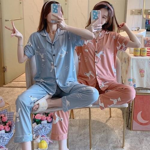 2021 Summer Short Sleeve Long Pants Pajama Sets for Women Cute Cartoon Print Sleepwear Pyjama Homewear Pijama Mujer Home Clothes