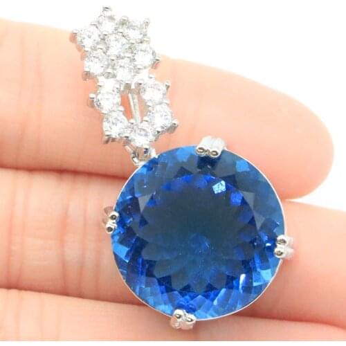 37x22mm Beautiful Round Shape Created London Blue Topaz CZ Gift For Ladies Silver Pendant