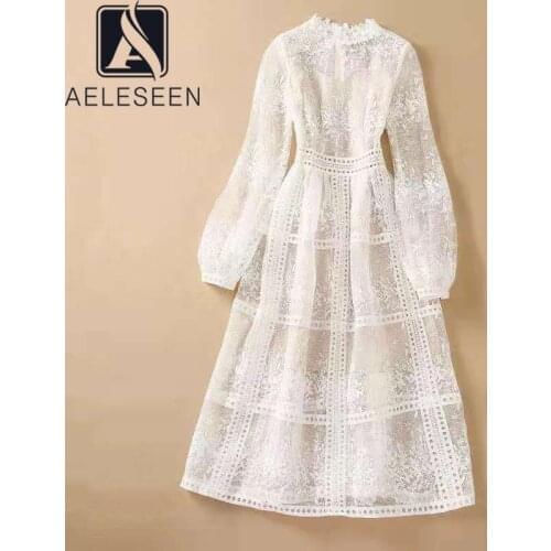 AELESEEN Runway Fashion Spring Autumn Lace Dress Full-Lenght Lentern Sleeve Flower Embroidery Hollow Out Long White Dress
