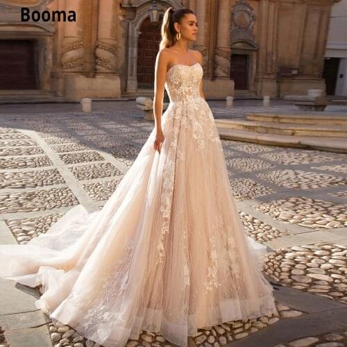 Booma Champagne Beach Lace Wedding Dresses Appliques Strapless Boho Wedding Bride Gown with Cathedral/Royal Train High Quality