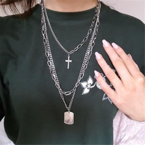 Frosty Style Personality Hip-hop Fashion Jewelry Clavicle Chain Women Couple Multi-layer Trendy Cross Necklace Long Chain Board