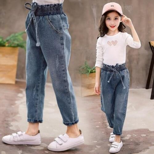 Girls Jeans Pants Fashion High Waist Denim Pants Children Long Trousers Kids Jeans Pants 4-14 Years Girls Clothes Spring Autumn