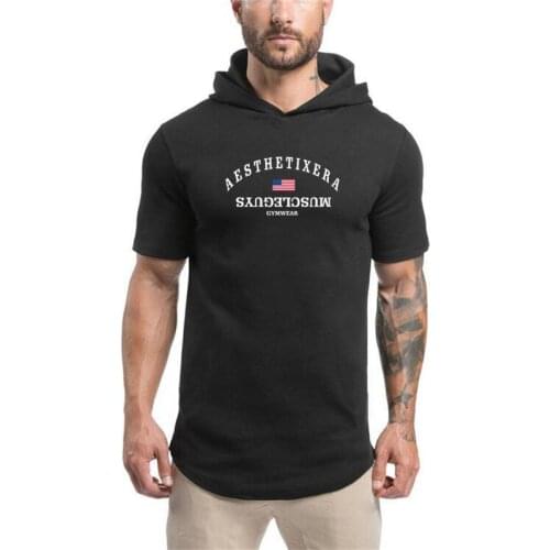 New Brand Summer Cotton Clothing Bodybuilding Casual Gyms Fitness Mens Fashion Sports Hip Hop Muscle Hooded Short Sleeve T-shirt