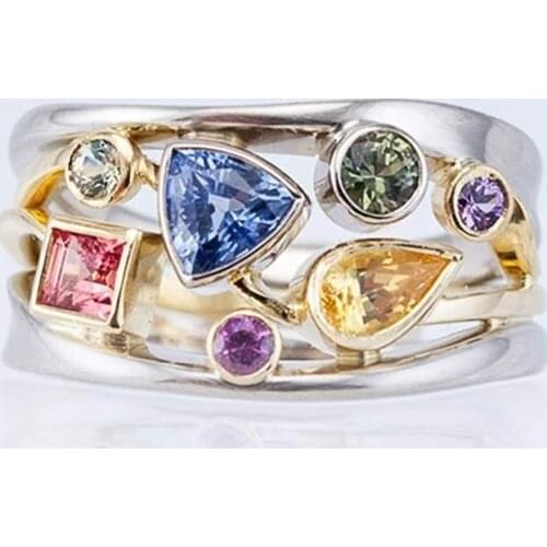 Irregular Asteroid Rings Exquisite Multicolor Geometric Ladies Ring with Zircon Wavy Lines Ring Crystal Colorful Galaxy Rings