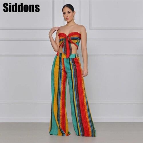 Two Pieces Sets Women Strapless Striped Bowknot Design Top & Wide Leg Pants Summer Exotic Sexy 2PCS Set