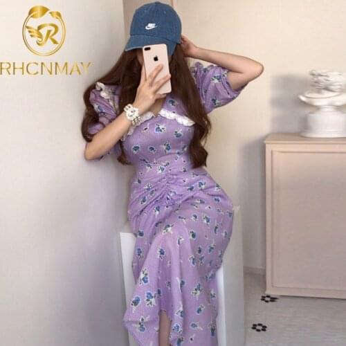 Korean Kawaii Peter Pan Collar Summer Dress One-Piece Elegant Purple Plaid Sweet Lolita Long Dress Slimming Waist WomenS Dress