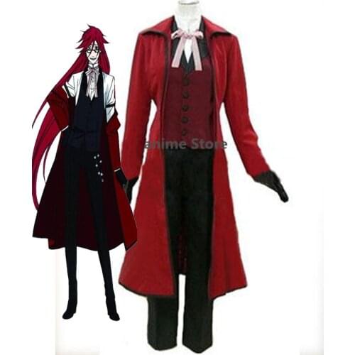 Anime Black Butler Death Shinigami Grell Sutcliff Cosplay Red Uniform Women Men Shirt + vest + coat + trousers + gloves + bow t