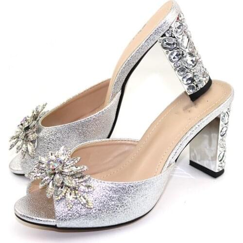 Beautiful silver women dress shoes with big crystal decorattion african lady pumps for party VC111,heel 9CM