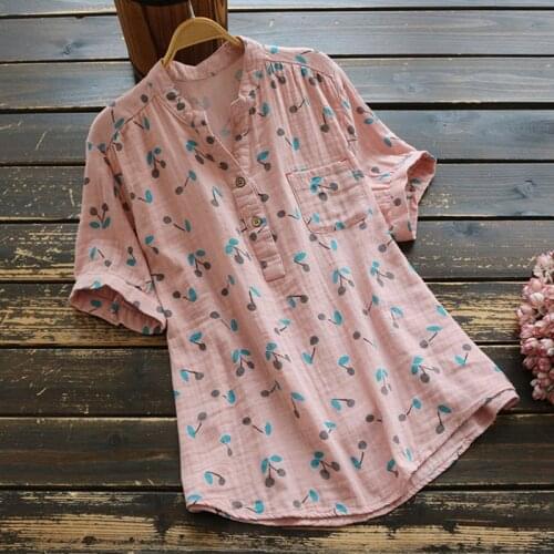 Summer Cotton Literary Printing Short Sleeved Shirt Women Casual Sweet V-neck Female Shirt Tops For Ladies U675