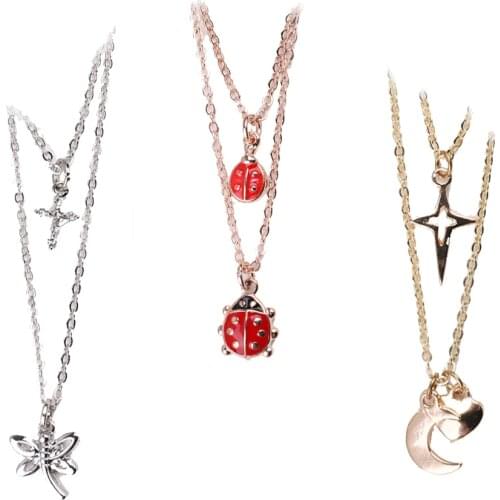Двойное ожерелье Seven Heart Ladybug Ice Cream Dragonfly Love Rhinestones Double Pendant Necklace Korean Womens Accessories