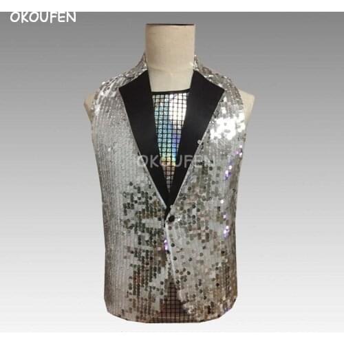 Bar nightclub male Singer Drum Jazz Dance Rock hip hop sequin Stand collar Vest costume Party show stage performance clothing