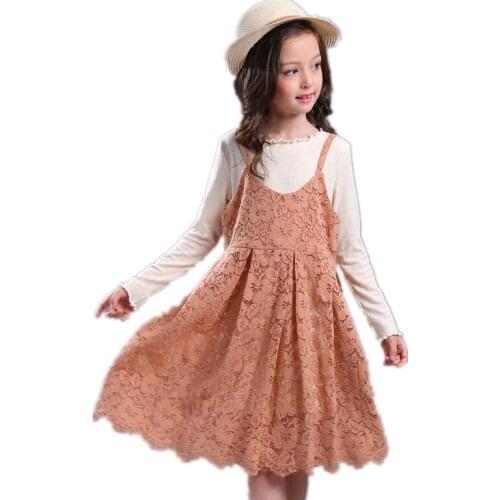 2017 new spring autumn Girls Kids Long Sleeve T-Shirt + Lace Sling Dress comfortable cute baby Clothes Children Clothing 20W
