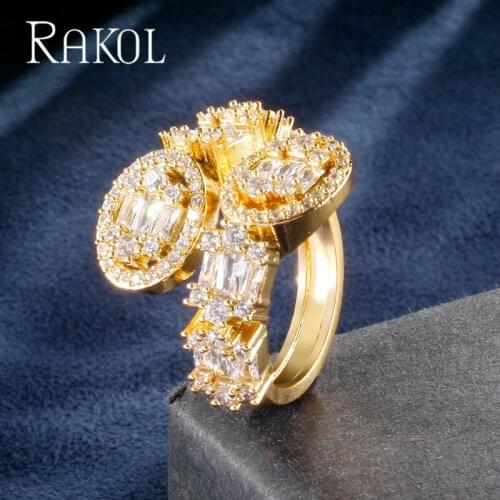 RAKOL New Arrival Exquisite Zirconia Micro Pave Setting Baguette Cuff Rings Men Jewelry for Women Wedding Bijoux