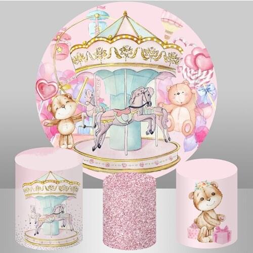 Newborn Baby Shower Girl Birthday Party Round Backdrop Cover Bear Glitter Pink Carousel Circle Background Table Cylinder Cover