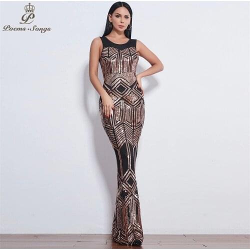 Poems Songs New sleeveless Evening dresses long vestido de festa Sequin evening gowns vestidos elegante