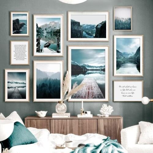 Nature Landscape Painting Lake Snow Mountain Canvas Poster Nordic Style Art Print Forest Wharf Quotes Wall Decoration Picture