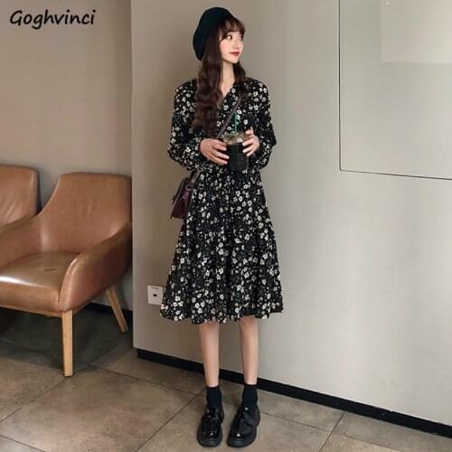 Long Sleeve Dress Womens Floral Printed A-Line Dresses High Waist V-Neck All-match New Fashion Lady Retro Korean Style Female