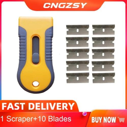 Razor Scraper With Replacement 1.5" Single Edge Carbon Steel Blade For Auto Sticker Old Glue Window Glass Residual Dust E16+10M