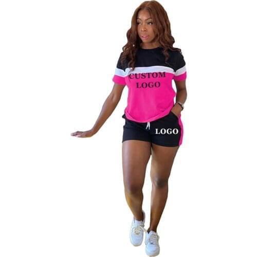Custom Your Logo Womens Set Patchwork Sweatsuit Tee Tops and Shorts Matching Set Jogger Tracksuit 2 Piece Set Fitness Outfit