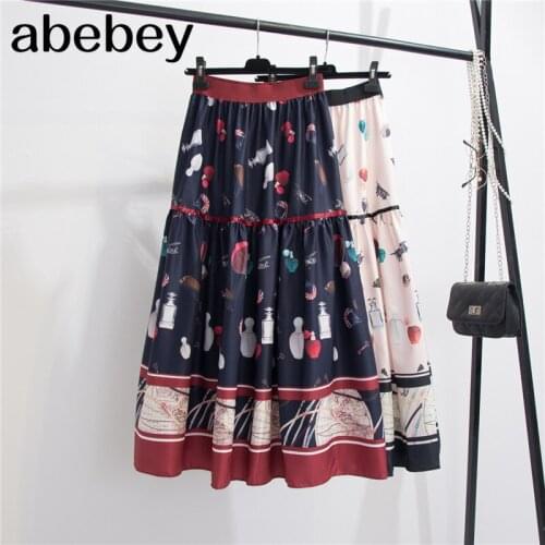 2021 Summer Fashion Brand Print Cartoon Satin Pleated Skirts Womens High Waisted Long Midi Skirt Female Linning Jupe Streetwear