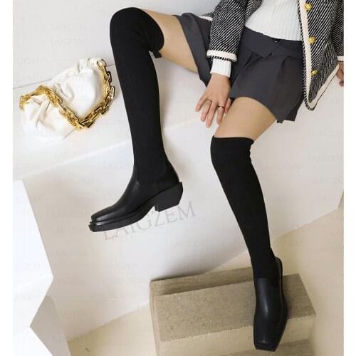 LAIGZEM Women Over Knee Boots Real Leather + Elastic 5CM Heels Comfortable Studendts Girls Cosplay Shoes Woman Big Size 36 38 39