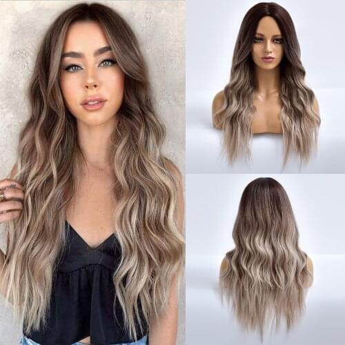 Womens Long Narural Wavy Brown Ombre Daily Synthetic Wigs For White Women Cosplay Heat Resistant Hair Fiber Cosplay Wig