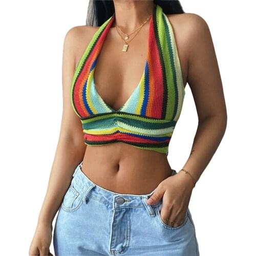 Y2K Women’s Fashion Stripe Knitted Vest Sexy Halter Bandage V-neck Exposed Navel Suspender Tops Club Streetwear