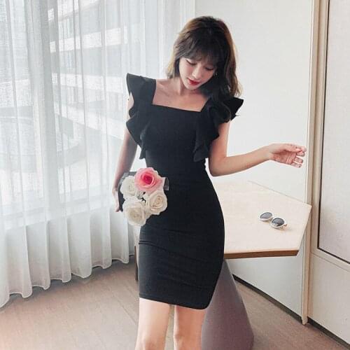 New Fashion Korean Style Summer Party Mini Bodycon Dress Ladies Sexy Off-shoulder Sleeveless Ruffle Backless Black Skinny Dress