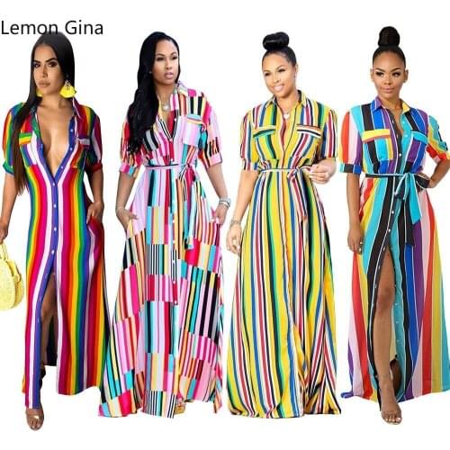 Lemon Gina new women button up stripes half sleeve with sashes maxi blouses shirt dress bohemian long dresses 4 color TS836