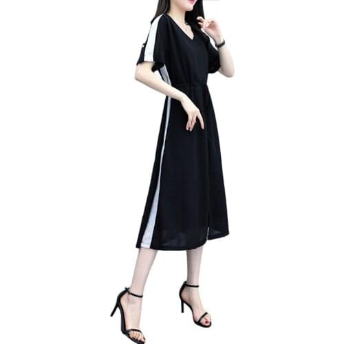 Summer Dress Women’s Solid Color 2020 New Black V-neck Temperament Vestidos Splice Elegant Chiffon Plus Size Dresses Women A972
