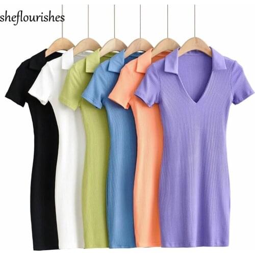 Women dress summer mini dress elegant short sleeve dresses sexy bodycon dresses knitted polo collar white dress orange vestidos