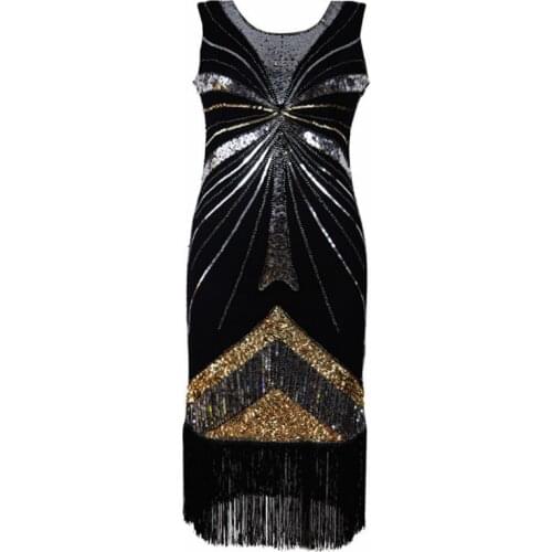 Women 1920s Black Vintage Gatsby Flapper Dress Plus Size Sleeveless Sequined Tassel Glitter Dresses Vestidos