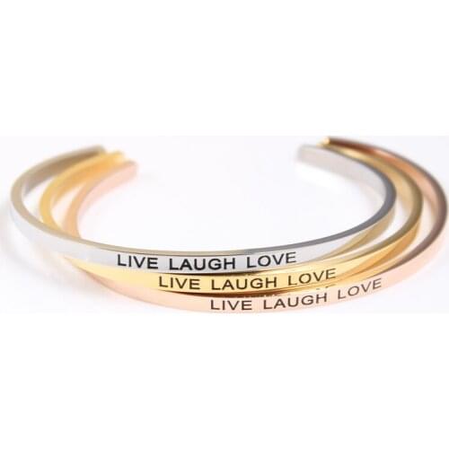 LIVE LAUGH LOVE 316L Stainless Steel Bar Engraved Beautiful Positive Inspirational Quote Cuff Mantra Bracelet Bangle for Women