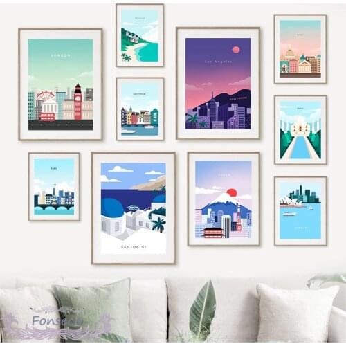 Famous Travel City Anime Poster London Roma Shanghai Paris Thailand Seoul Landscape Canvas Painting Wall Art Pictures Home Decor
