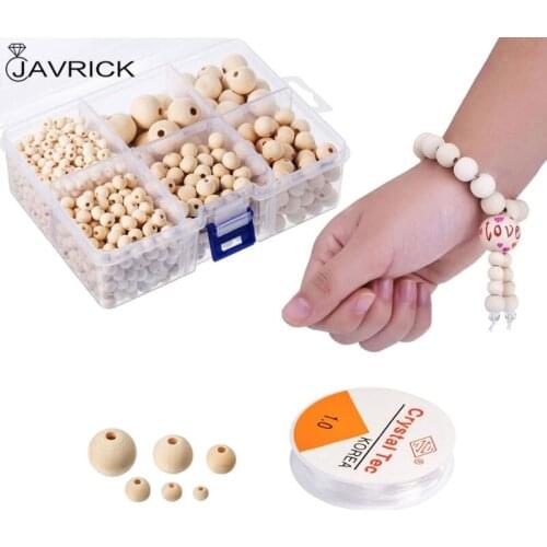 1105Pcs 6 Sizes Wooden Beads Natural Round Wood Beads Set with 1 Roll Crystal Elastic Line for DIY Jewelry Craft Making